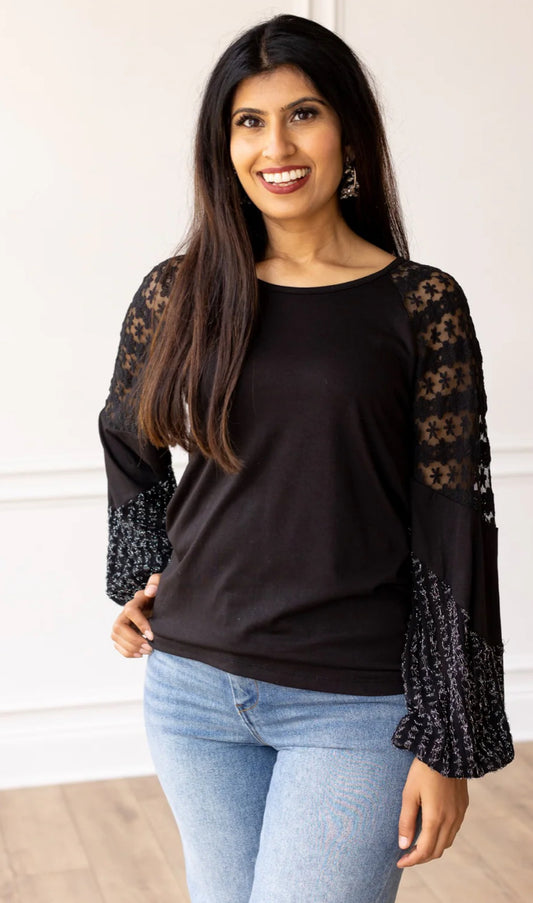 Black Silver Lace Color-block Long Sleeve