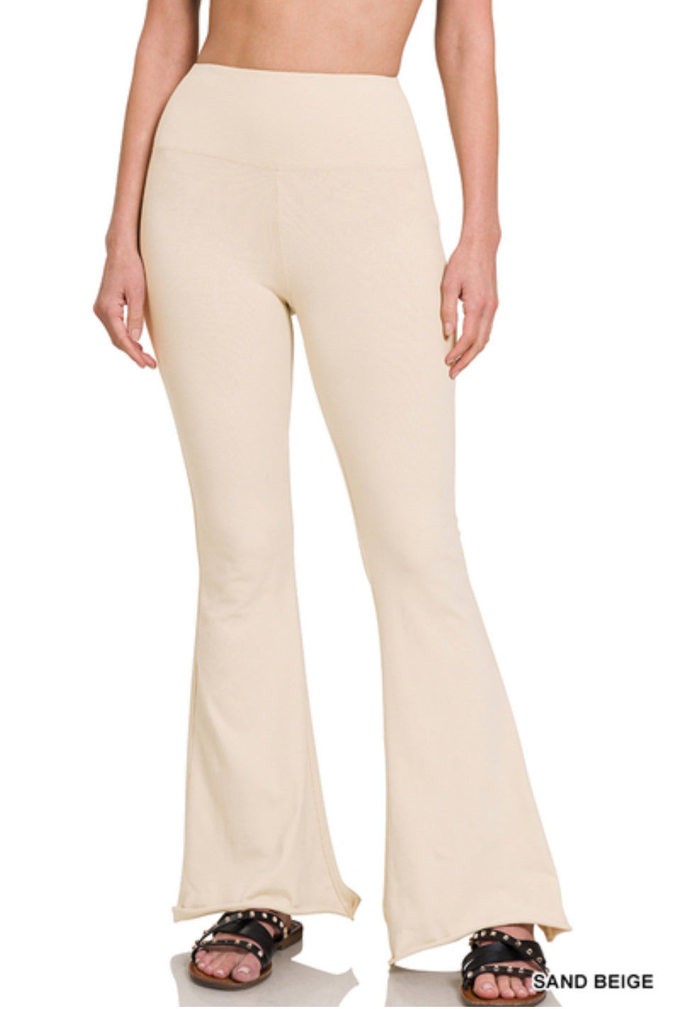 Sand Beige Raw Hem Flare Leggings