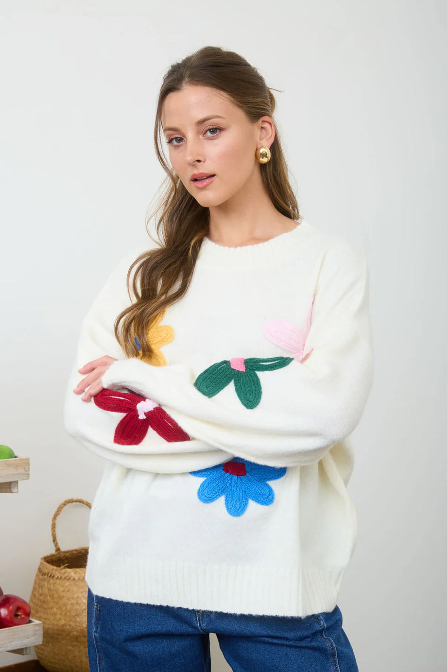 White Knit Sweater With Multi-colored Crochet Flowers