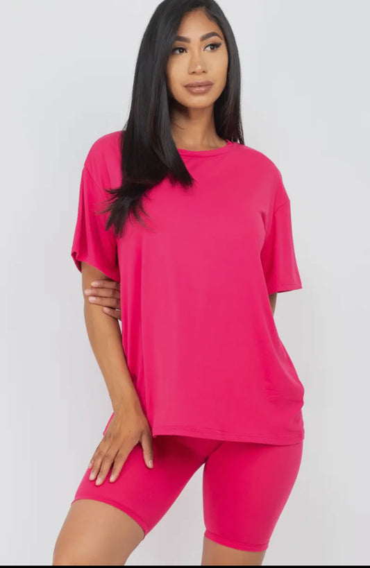 Fuchsia Loose Fit Top and Biker Short Set