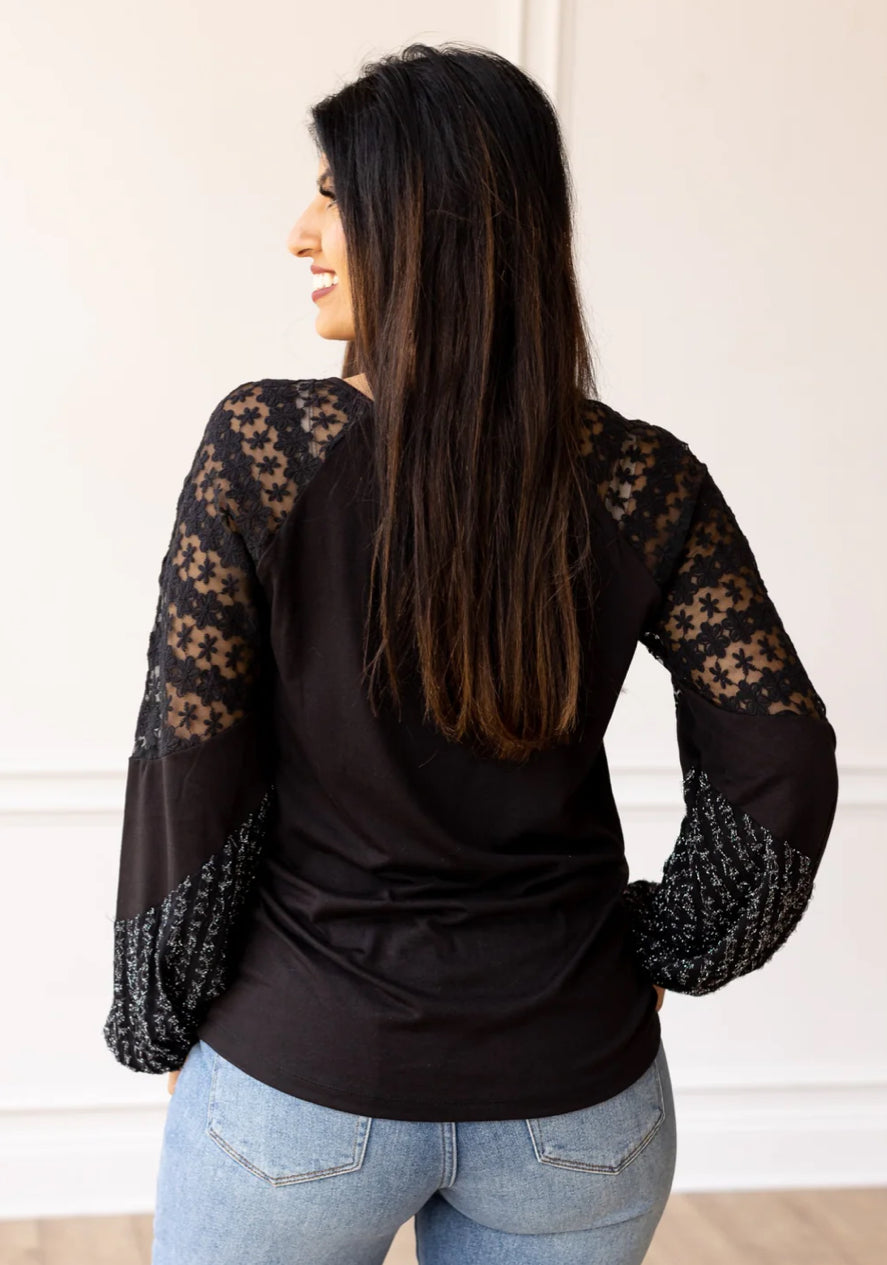 Black Silver Lace Color-block Long Sleeve