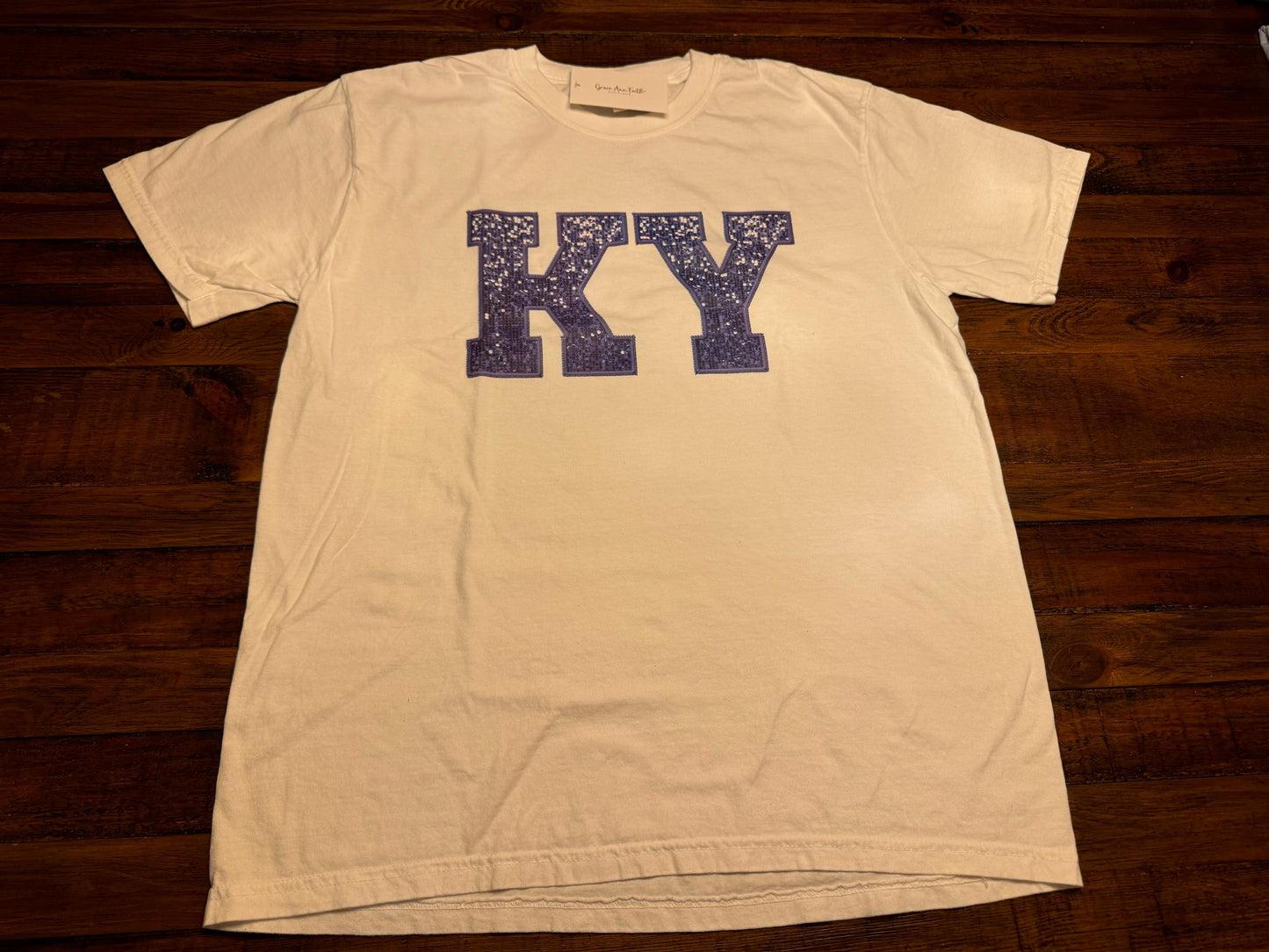 White Short Sleeve Graphic Tee With Ky Faux Sequins
