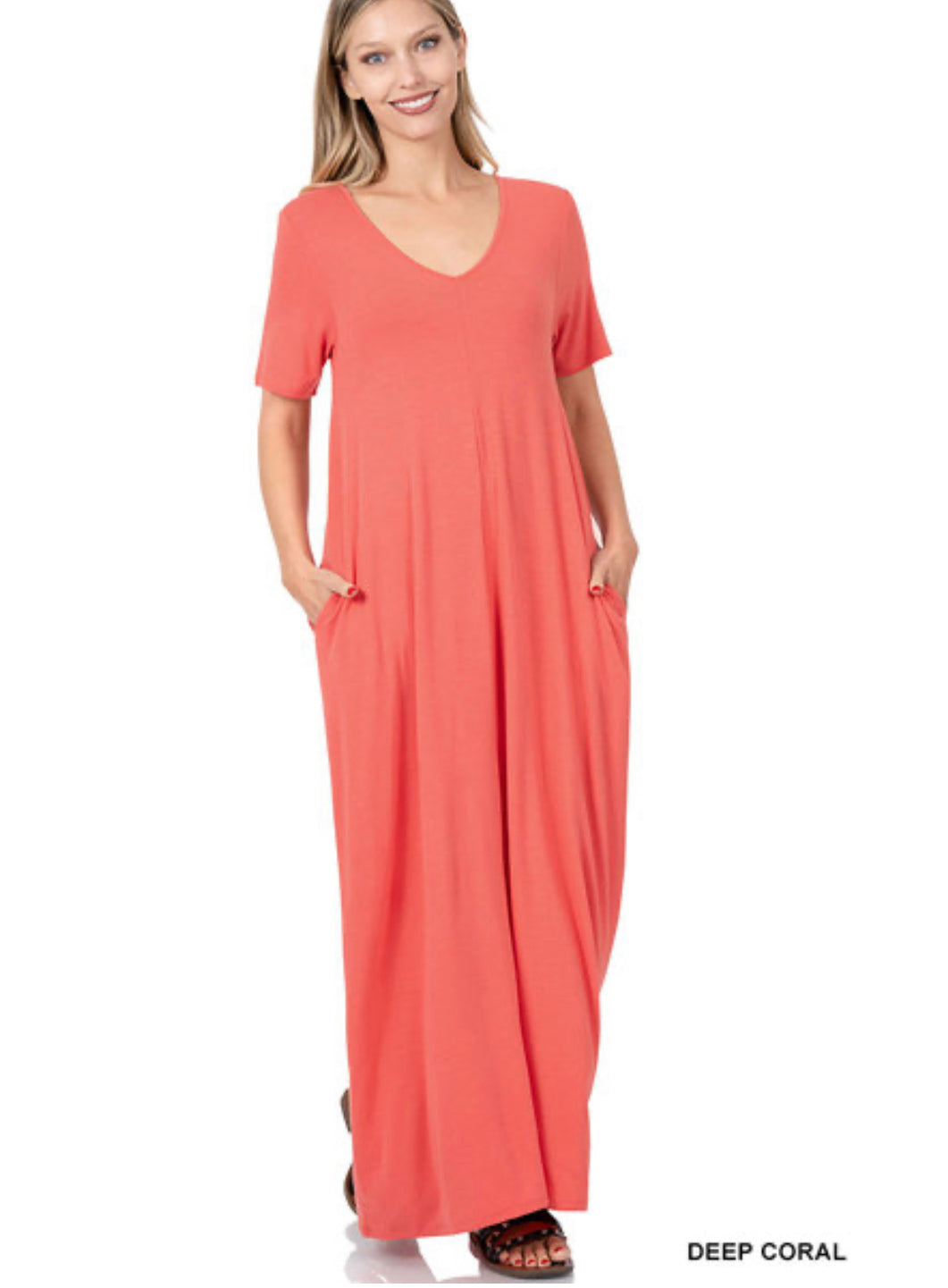 Deep Coral V Neck Short Sleeve Maxi Dress With Side Slits