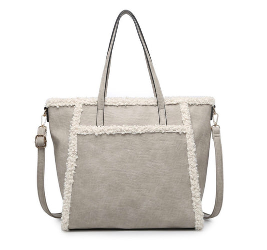 JEN & CO. Lt Grey Lulu Sherpa Trim Tote w/ Front Pocket