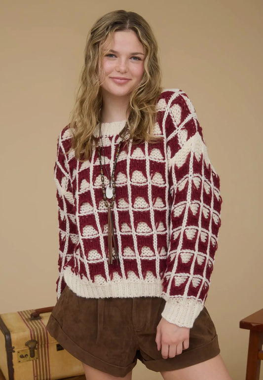 Burgundy Contrast Square Knit Sweater