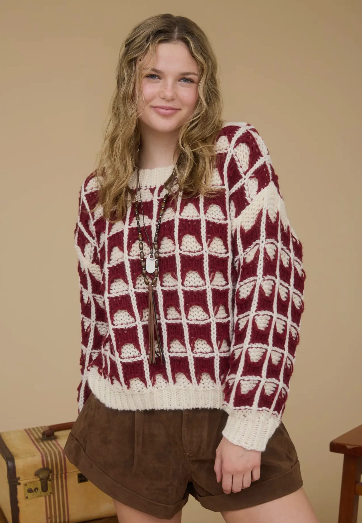 Burgundy Contrast Square Knit Sweater