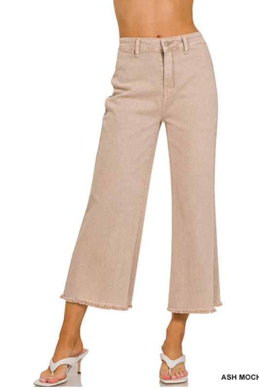 Ash Mocha Acid Washed High Waisted Fray Hem Pants