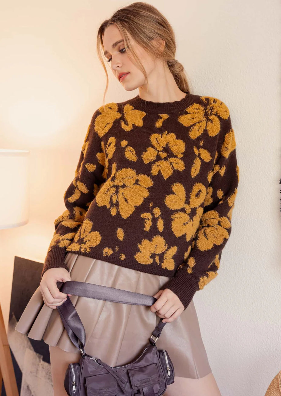 Two-Tone Brown Floral Terry Sweater