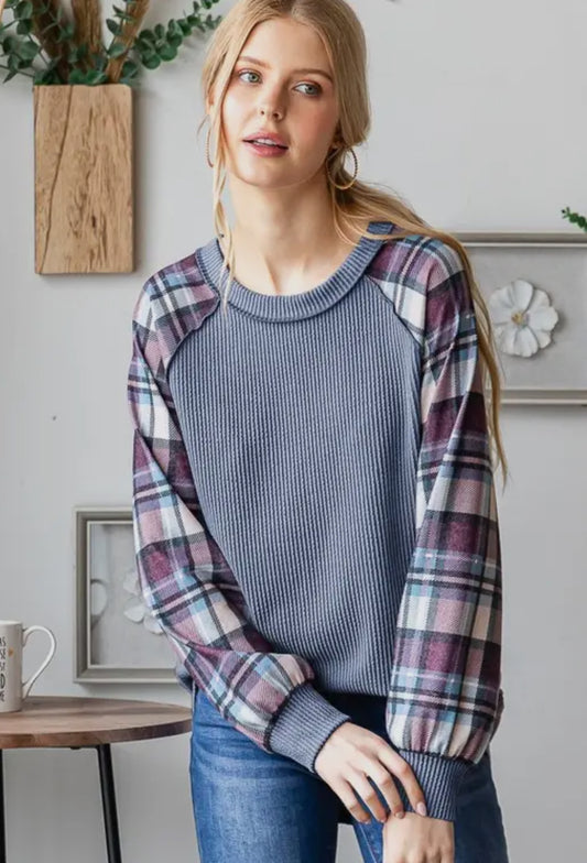 Heimish Denim Ribbed Plaid Long Sleeve Top