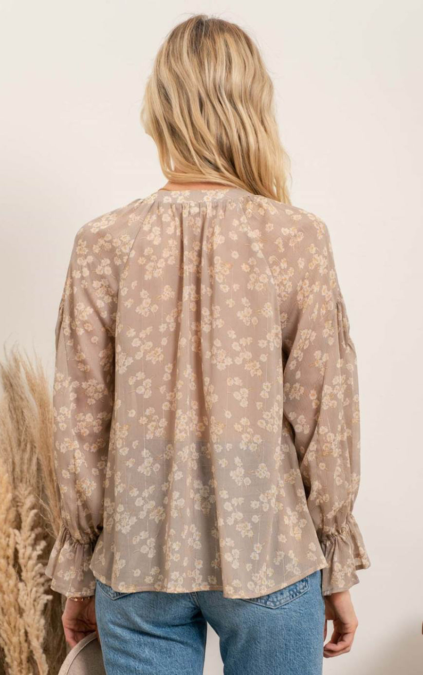 Khaki Floral Long Sleeve Blouse