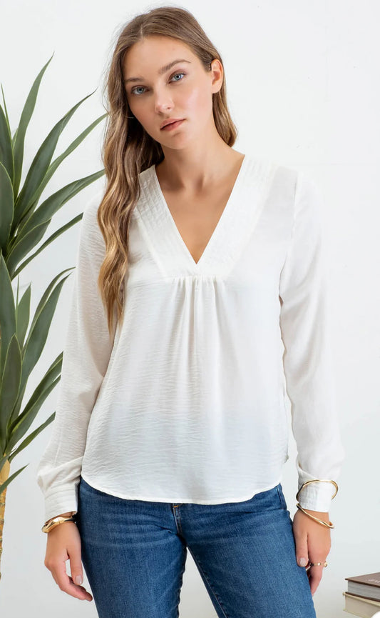 Satin Ivory V-Neck Blouse
