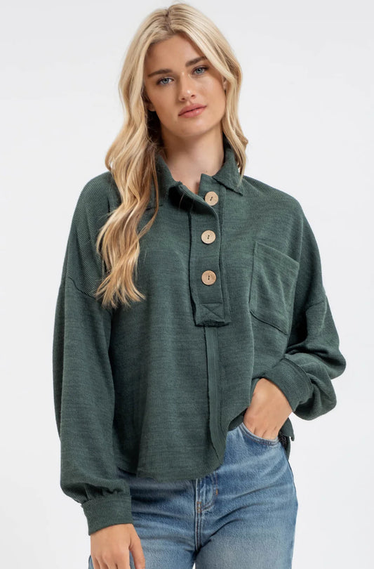 Forest Green Collared Raw Edge Knit Top