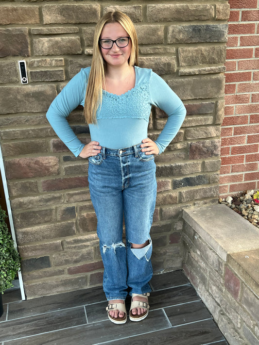 Sky Blue Lace Long Sleeve - Grace Ann Faith Boutique - Official Online Boutique