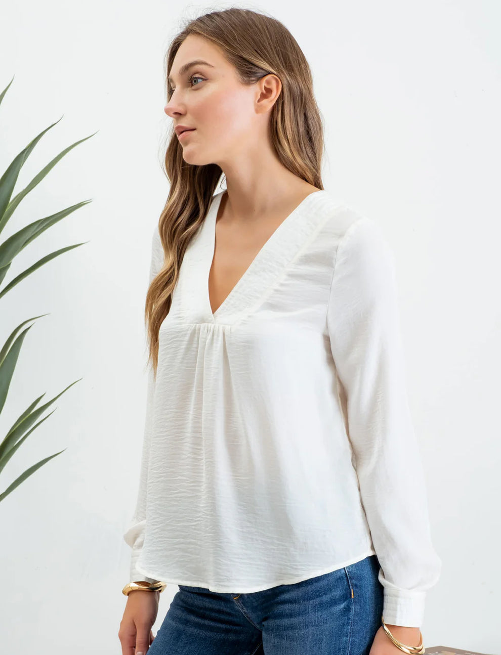 Satin Ivory V-Neck Blouse