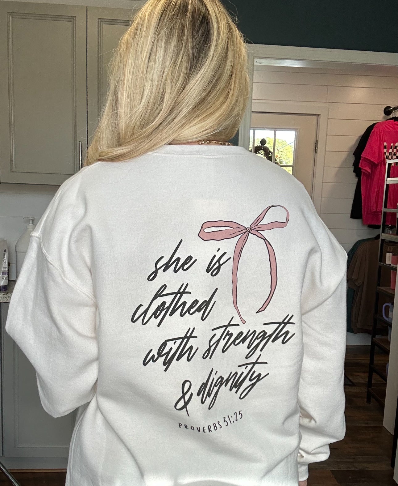 She Is Clothed With Graphic Bow Sweatshirt