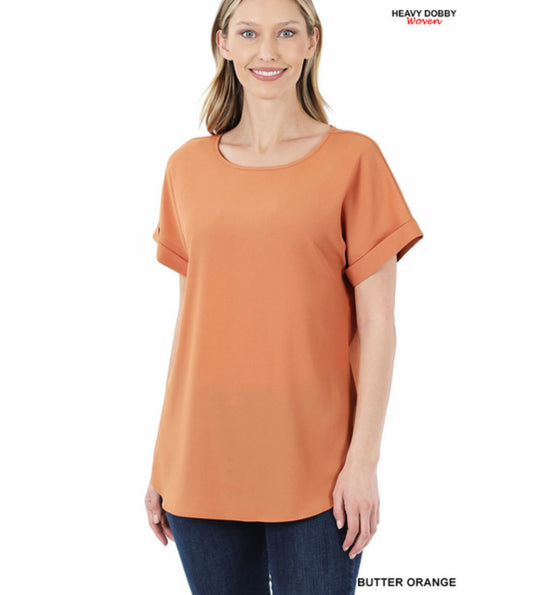 Butter Orange Woven Rolled Sleeve Boat Neck Top