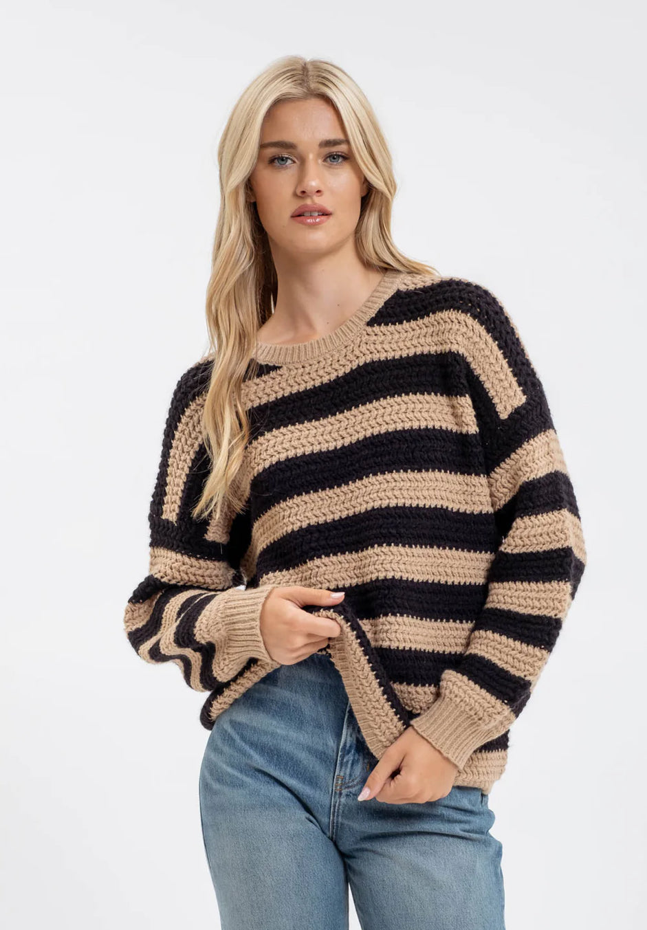 Taupe and Black Stripe Long Sleeve Knit Pullover