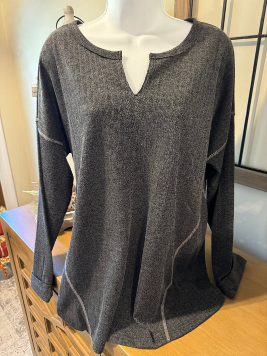 Ash Gray Solid Rib Textured Rolled Up Long Sleeve Top