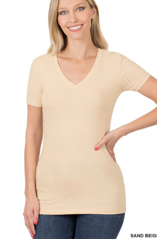 Sand Beige Cotton V-neck Short Sleeve
