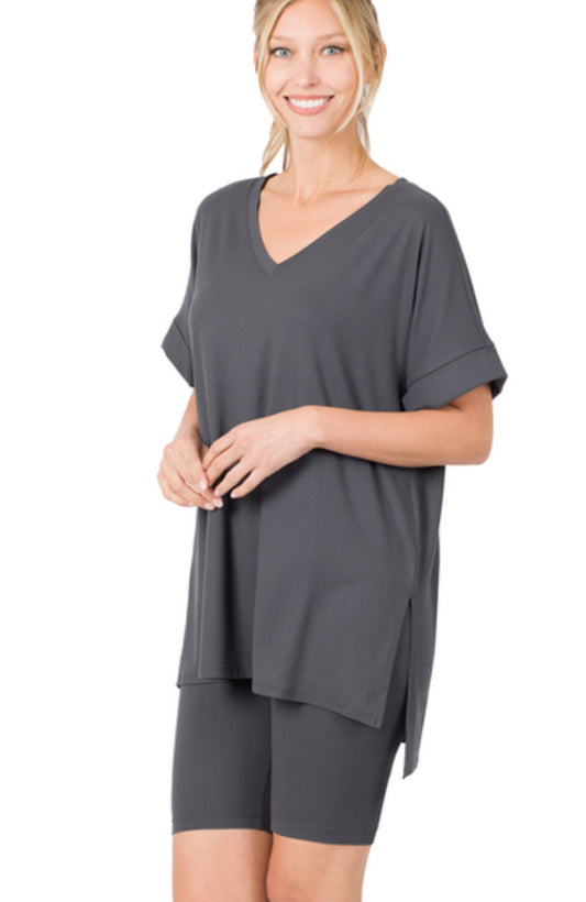 Zenana Ash Gray V-neck Top And Biker Short Set