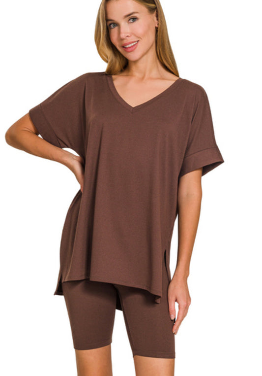 Zenana Mahogany V-neck Top And Biker Short Set