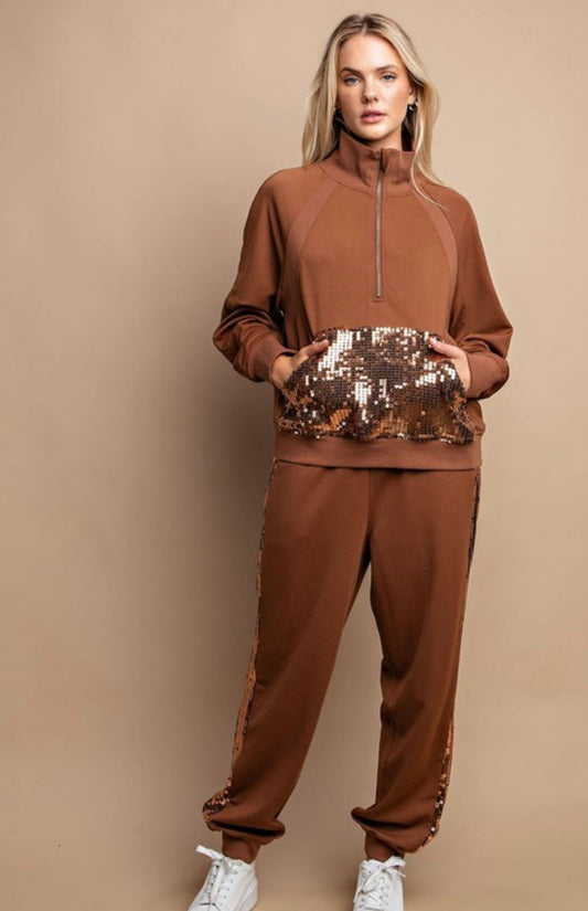 Sequin Side Striped Elastic Waist Joggers