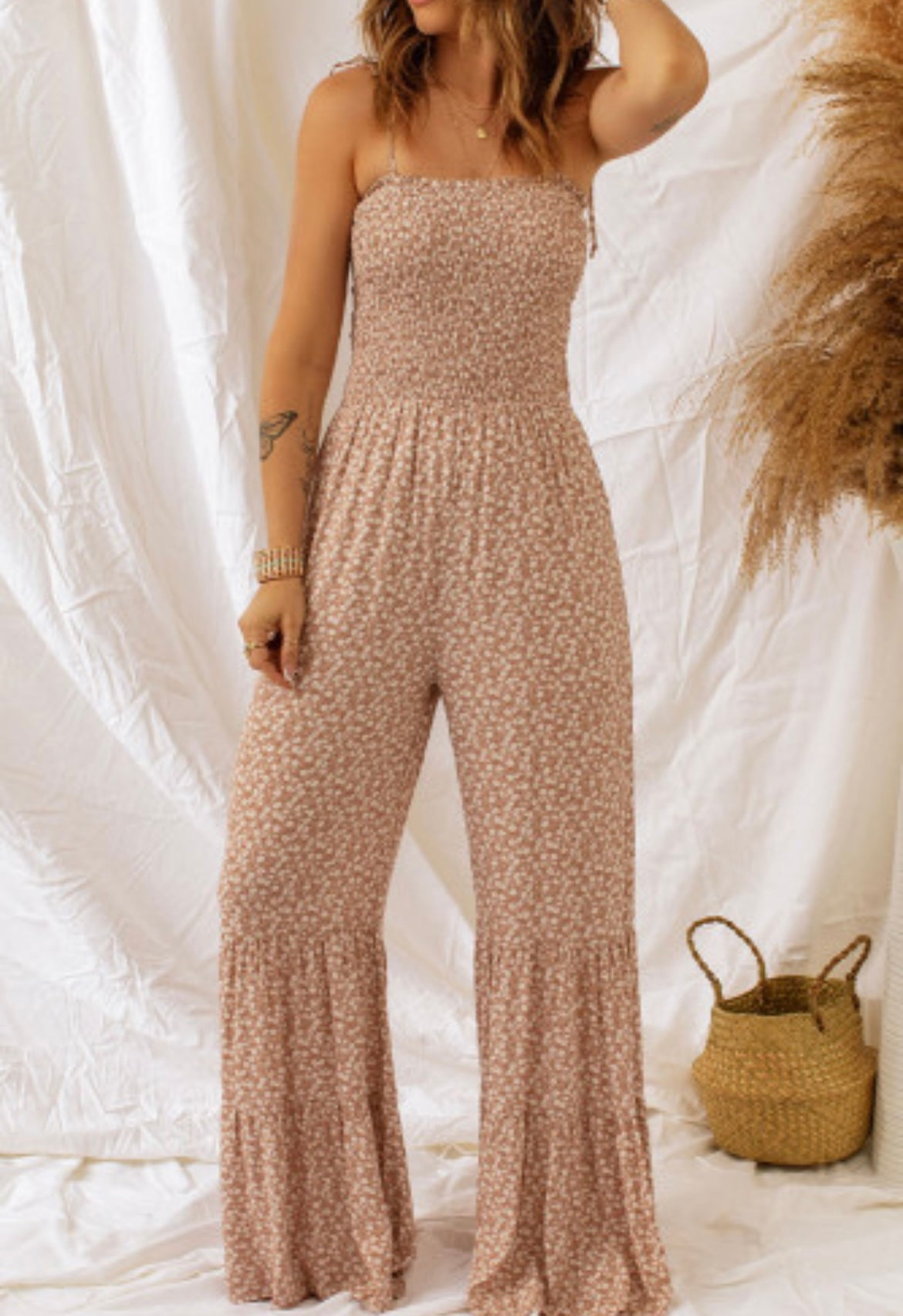 Khaki Thin Straps Smocked Bodice Wide Leg Floral Jumpsuit - Grace Ann Faith Boutique - Official Online Boutique