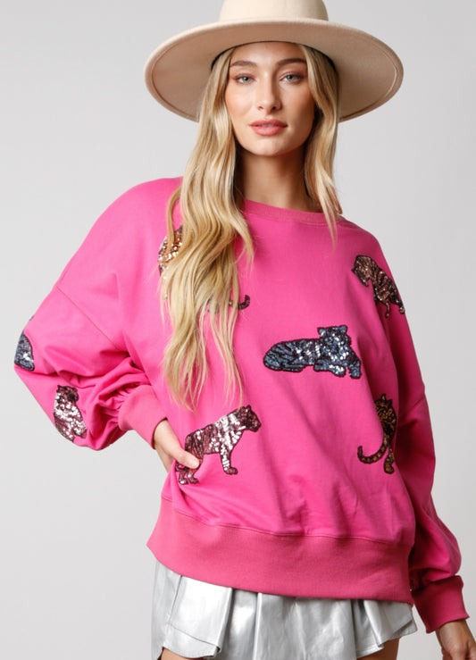 Peach Love Multi Color Sequins Oversized Tiger Sweatshirt