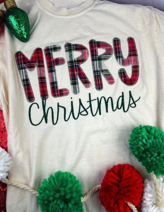 Cream Plaid Merry Christmas Short Sleeve