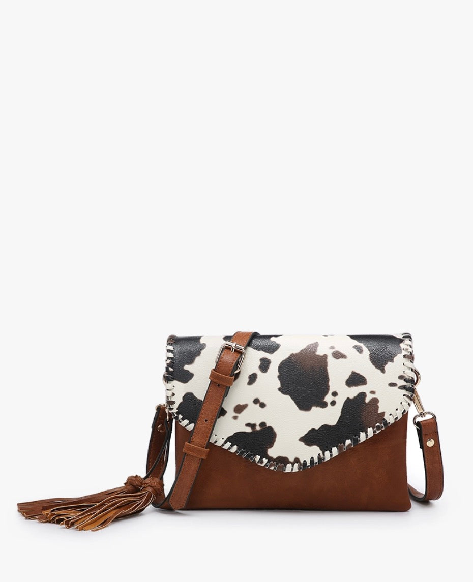 JEN & CO. Cow-White Sloane Flapover Crossbody w/ Whipstitch and Tassel