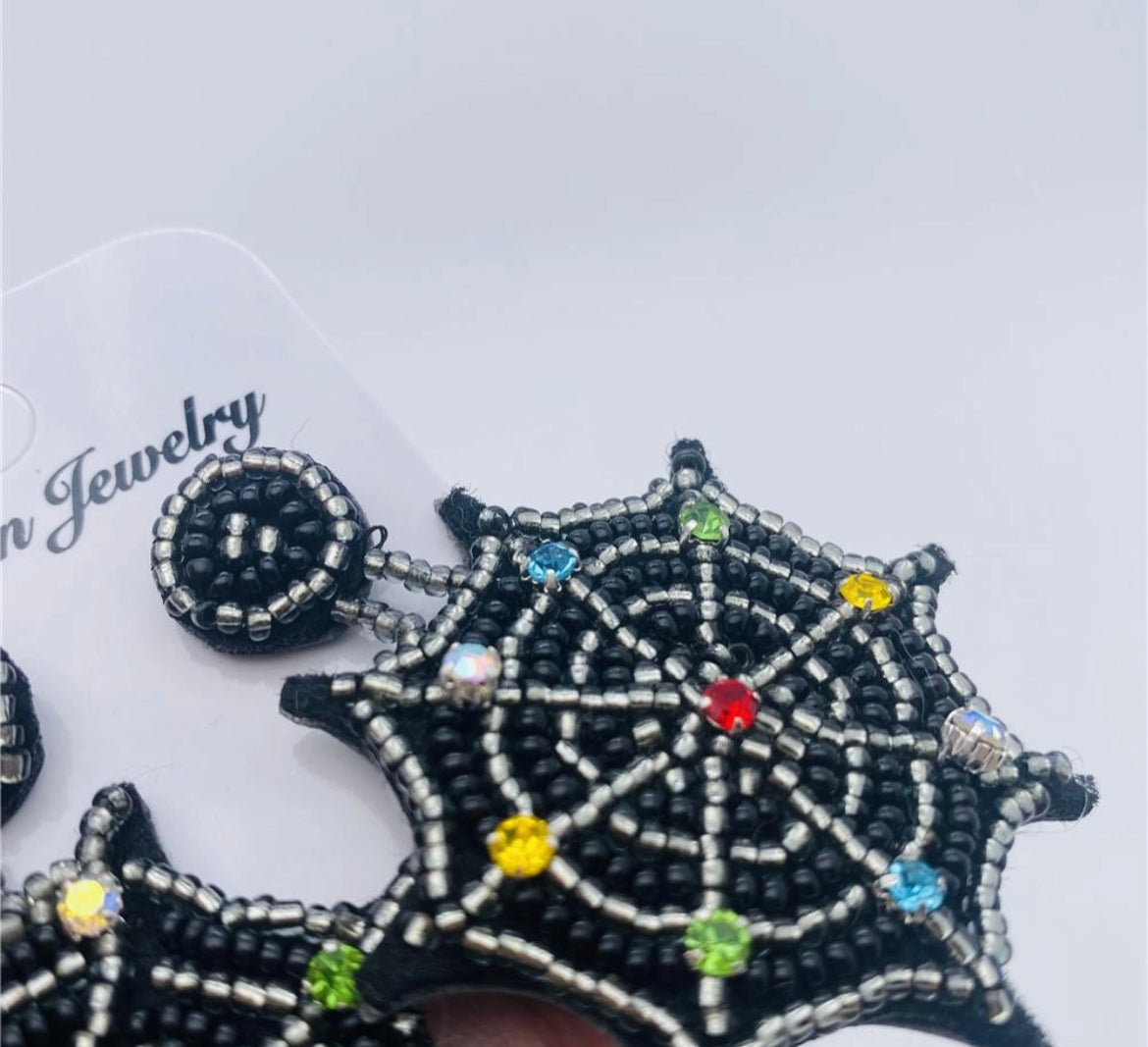 Halloween Acrylic Beads Woven Spiderweb Post Earrings-Black - Grace Ann Faith Boutique - Official Online Boutique