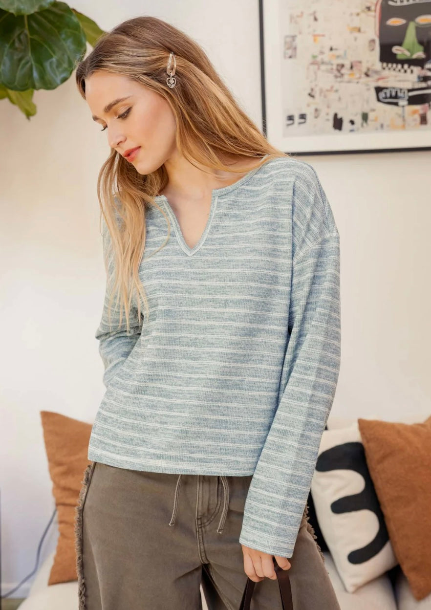 DUSTY TEAL STRIPE SPLIT NECK LONG SLEEVE MARLED KNIT TOP