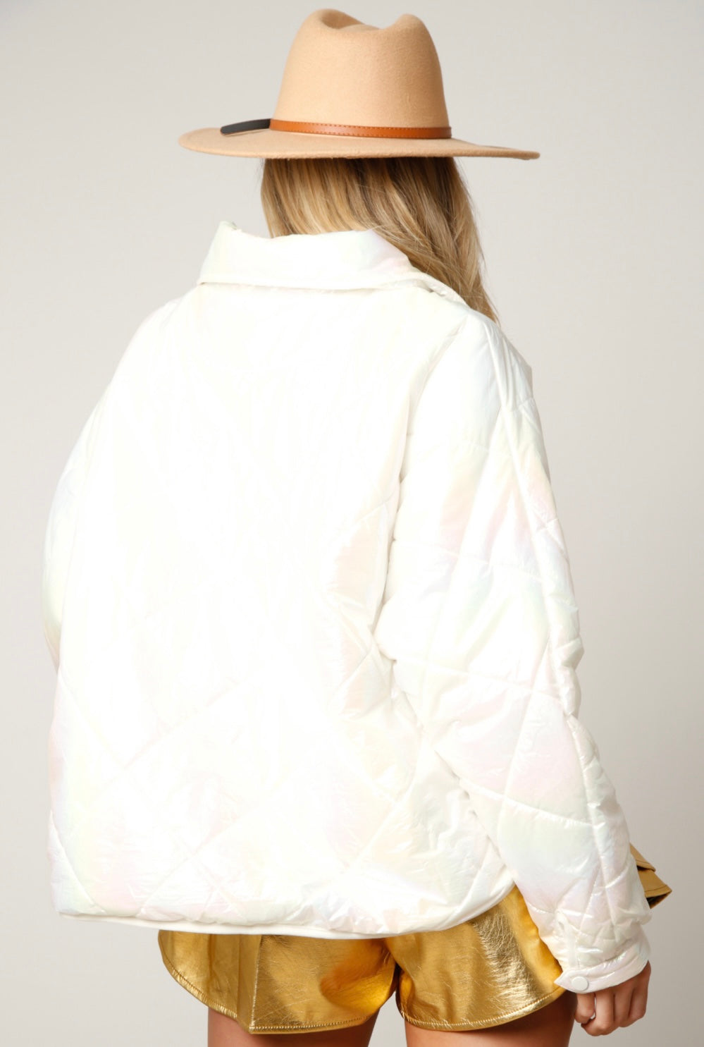 Peach Love Diamond Quilting Shiny Padded Jacket W/Pocket