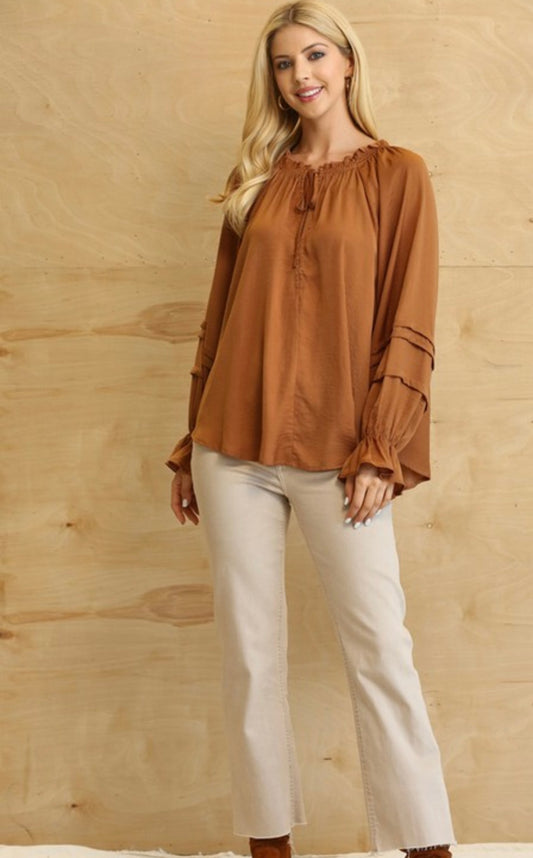Washed Solid Satin Peasant Top - Grace Ann Faith Boutique - Official Online Boutique