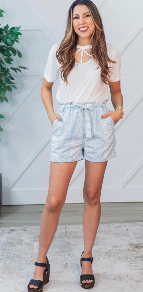BOARDWALK BABE FAUX DENIM AZTEC PRINT TIE SHORTS - Grace Ann Faith Boutique - Official Online Boutique