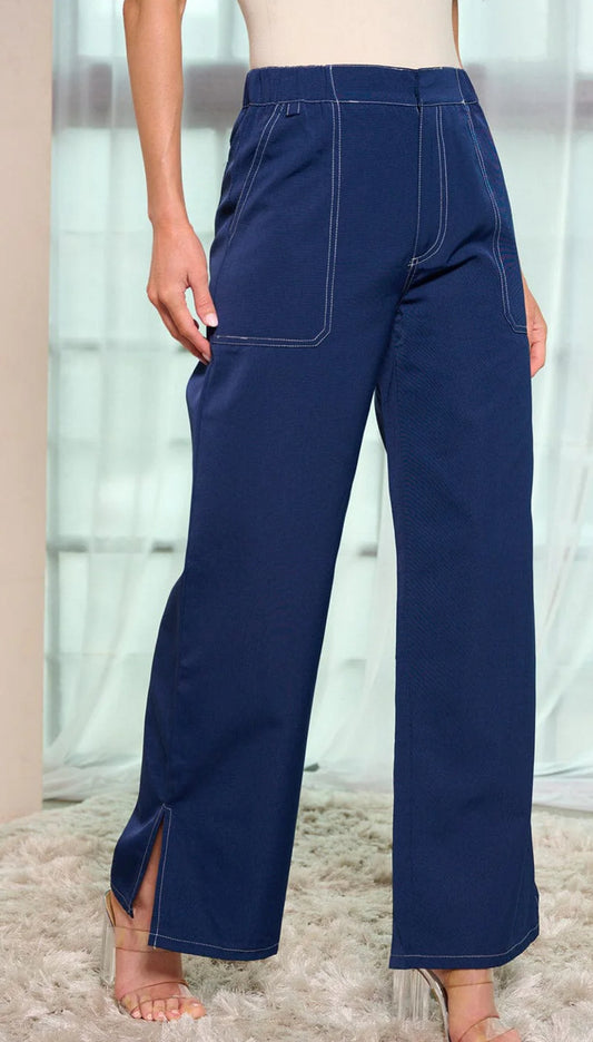Navy Button Closure Wide Leg Pants With Pockets