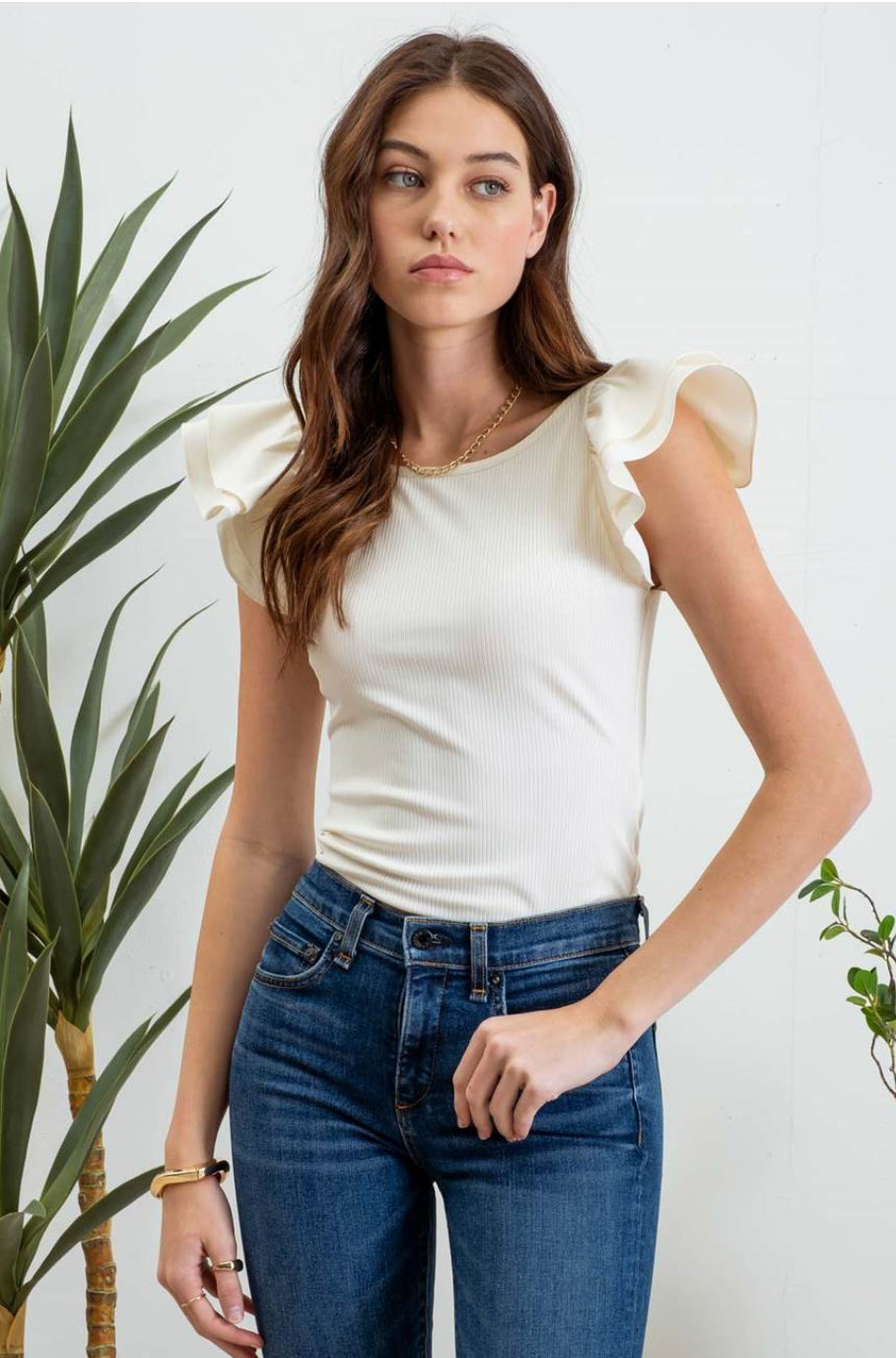 Ivory Ruffle Sleeve Ribbed Top