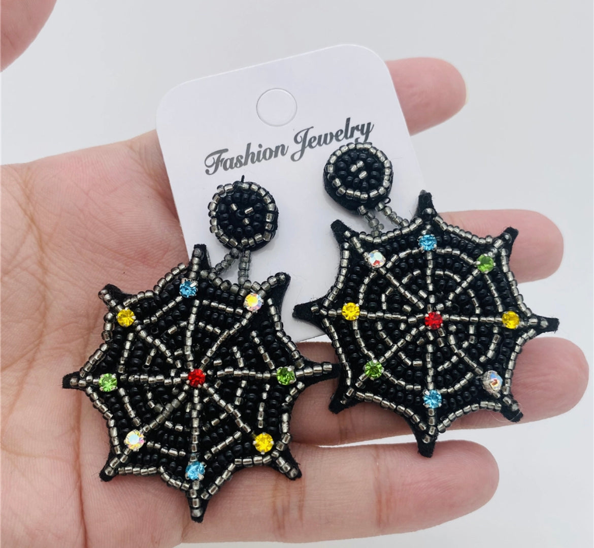 Halloween Acrylic Beads Woven Spiderweb Post Earrings-Black - Grace Ann Faith Boutique - Official Online Boutique