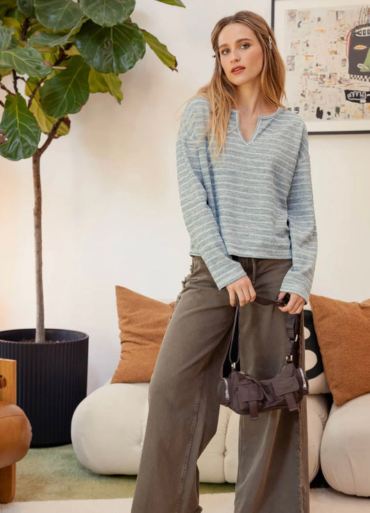 DUSTY TEAL STRIPE SPLIT NECK LONG SLEEVE MARLED KNIT TOP