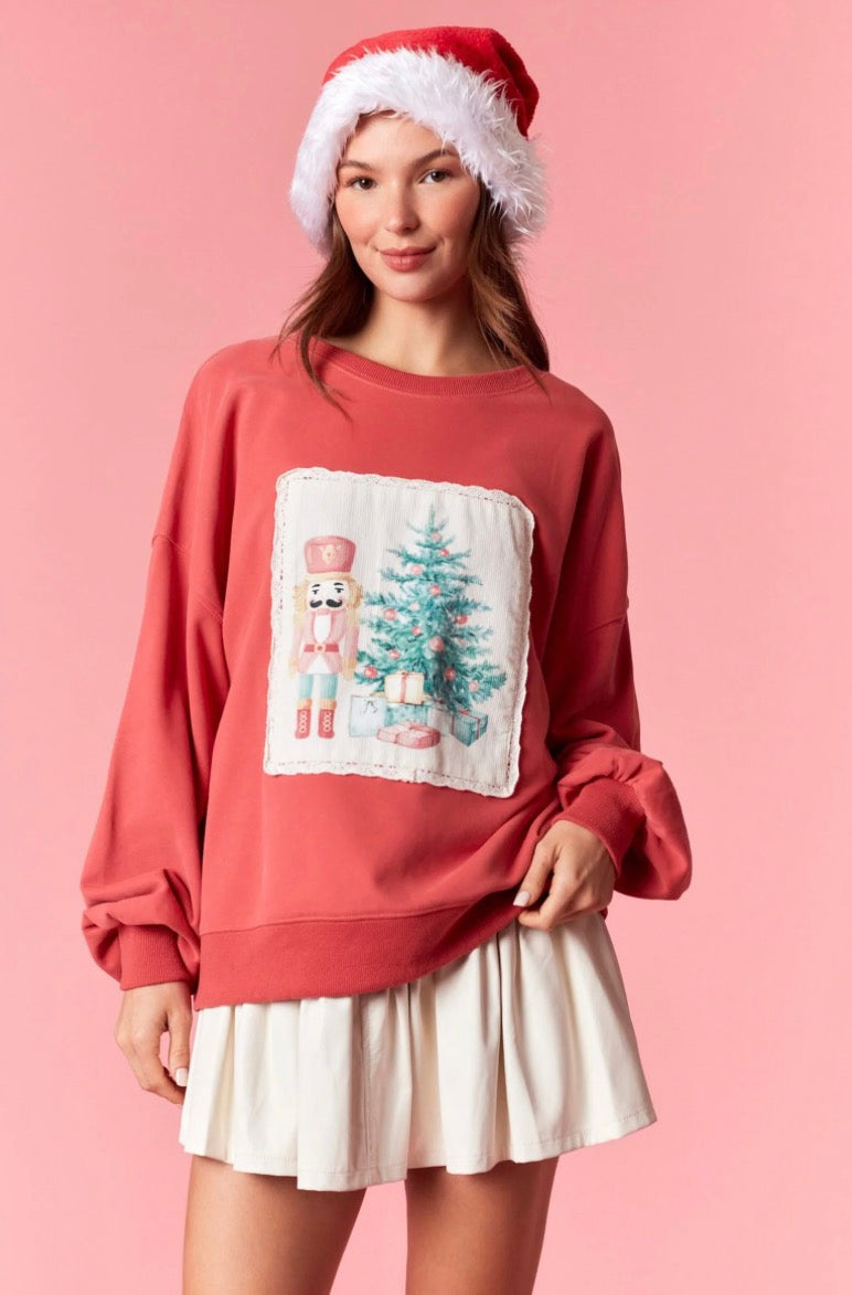 Peach Love Christmas Printed Corduroy Patch Lace Detail Sweatshirt