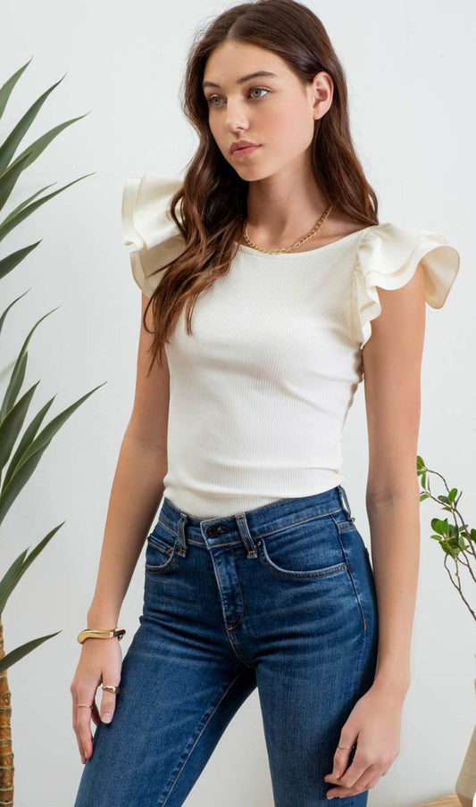 Ivory Ruffle Sleeve Ribbed Top