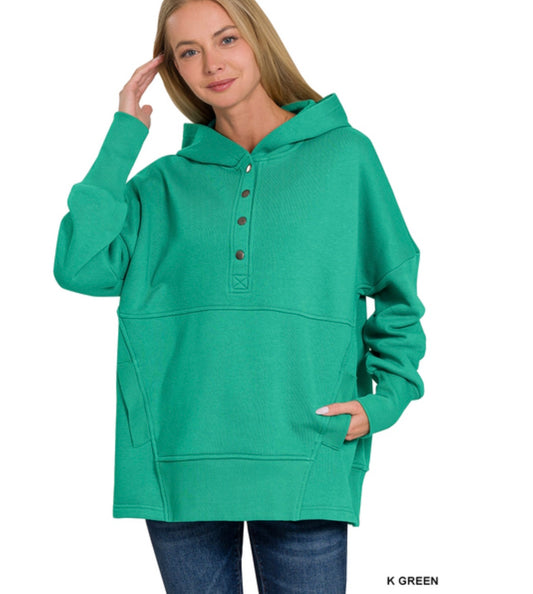 Green Half Button Fleece Hooded Pullover