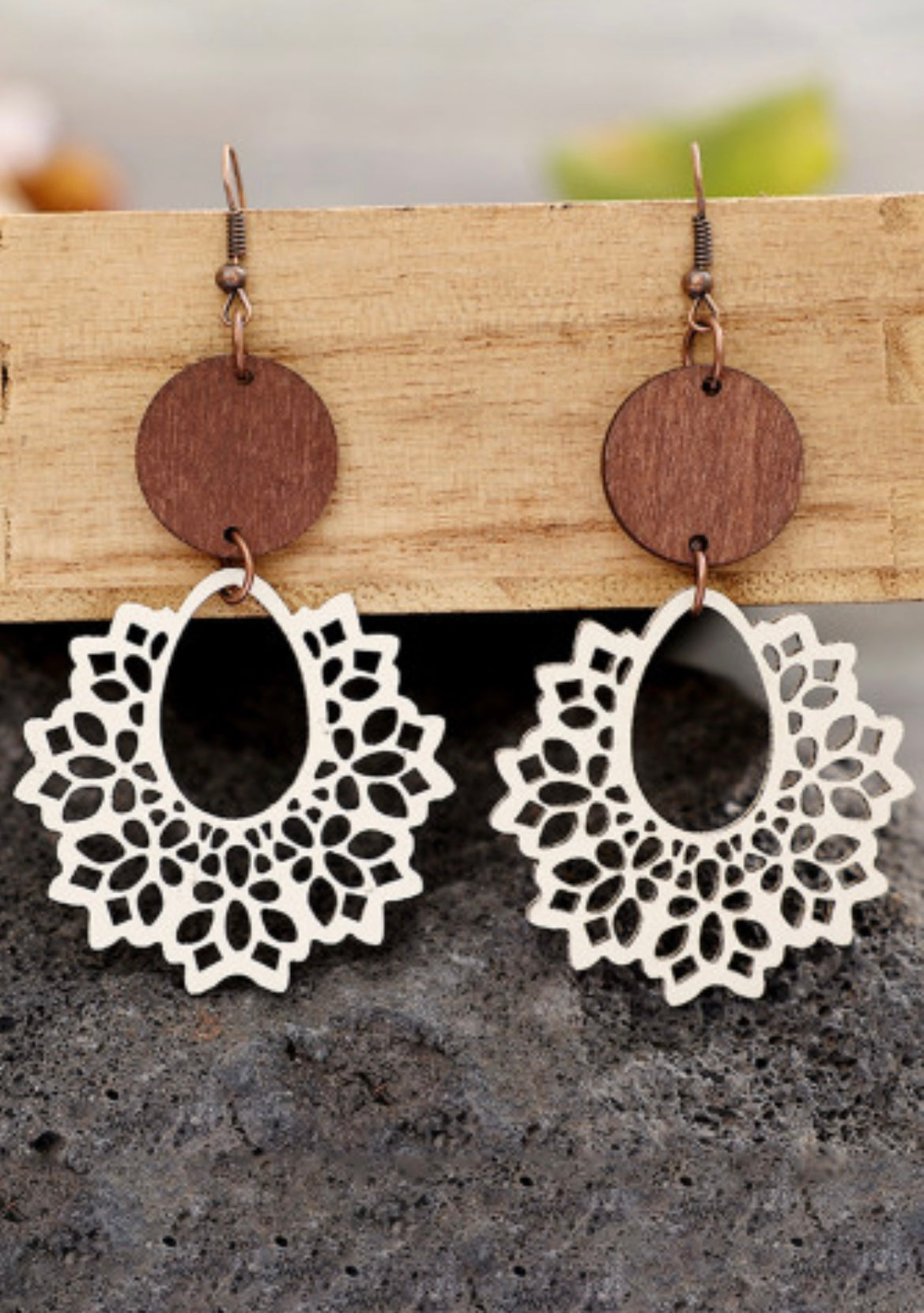 White Hollowed Flower Round Wood Pendant Earrings - Grace Ann Faith Boutique - Official Online Boutique