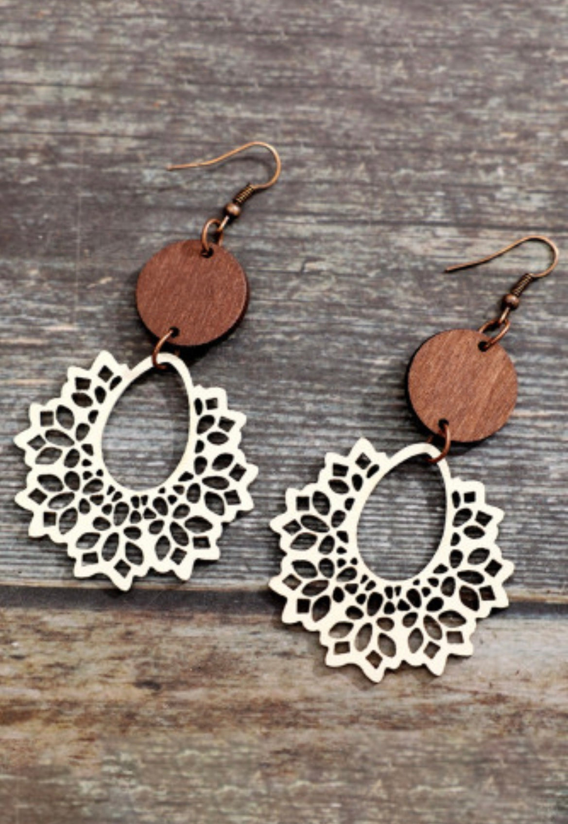 White Hollowed Flower Round Wood Pendant Earrings - Grace Ann Faith Boutique - Official Online Boutique