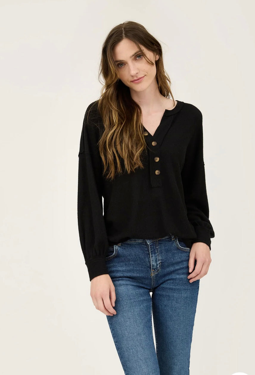 BLACK V NECK HALF BUTTON LONG SLEEVE KNIT TOP