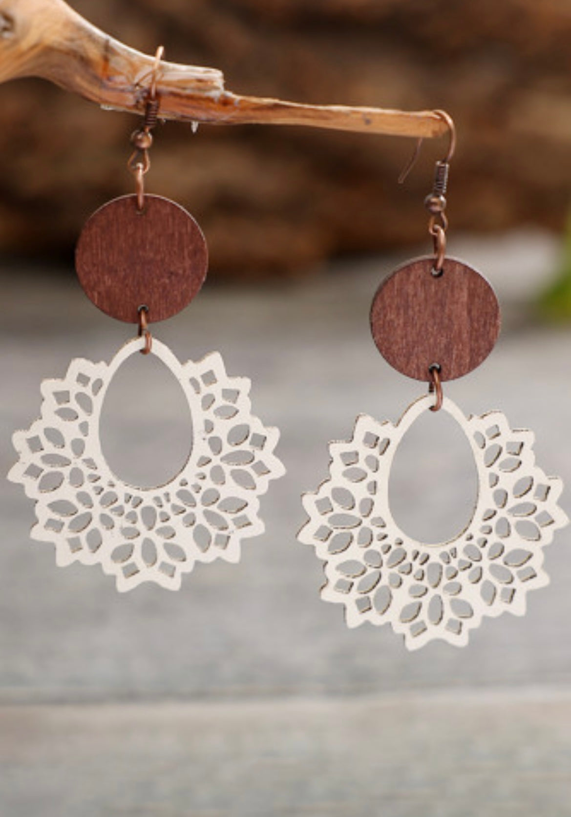 White Hollowed Flower Round Wood Pendant Earrings - Grace Ann Faith Boutique - Official Online Boutique