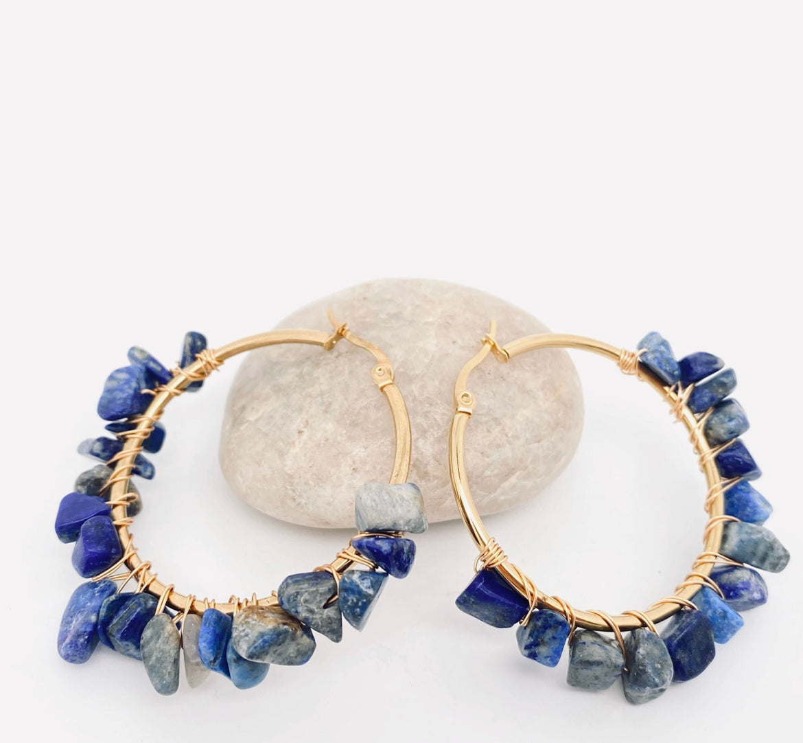 Stainless Steel Hand-Wound Natural Gravel Hoop Earrings-Lapis Lazuli - Grace Ann Faith Boutique - Official Online Boutique