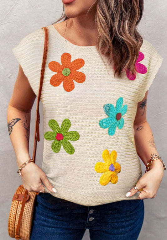 White Flower Crochet Round Neck Knit Top