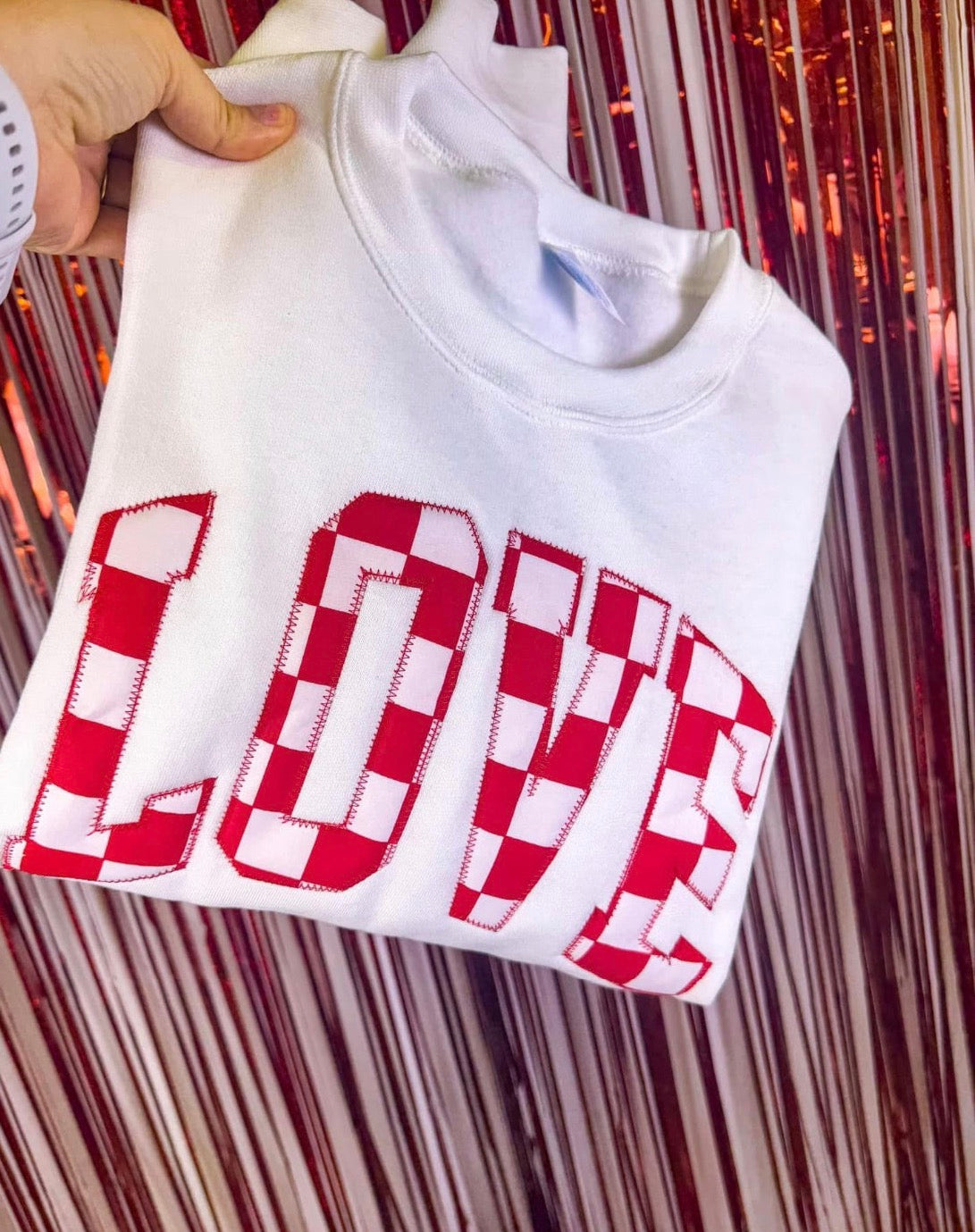 Red Checkered Embroidered Love Sweatshirt