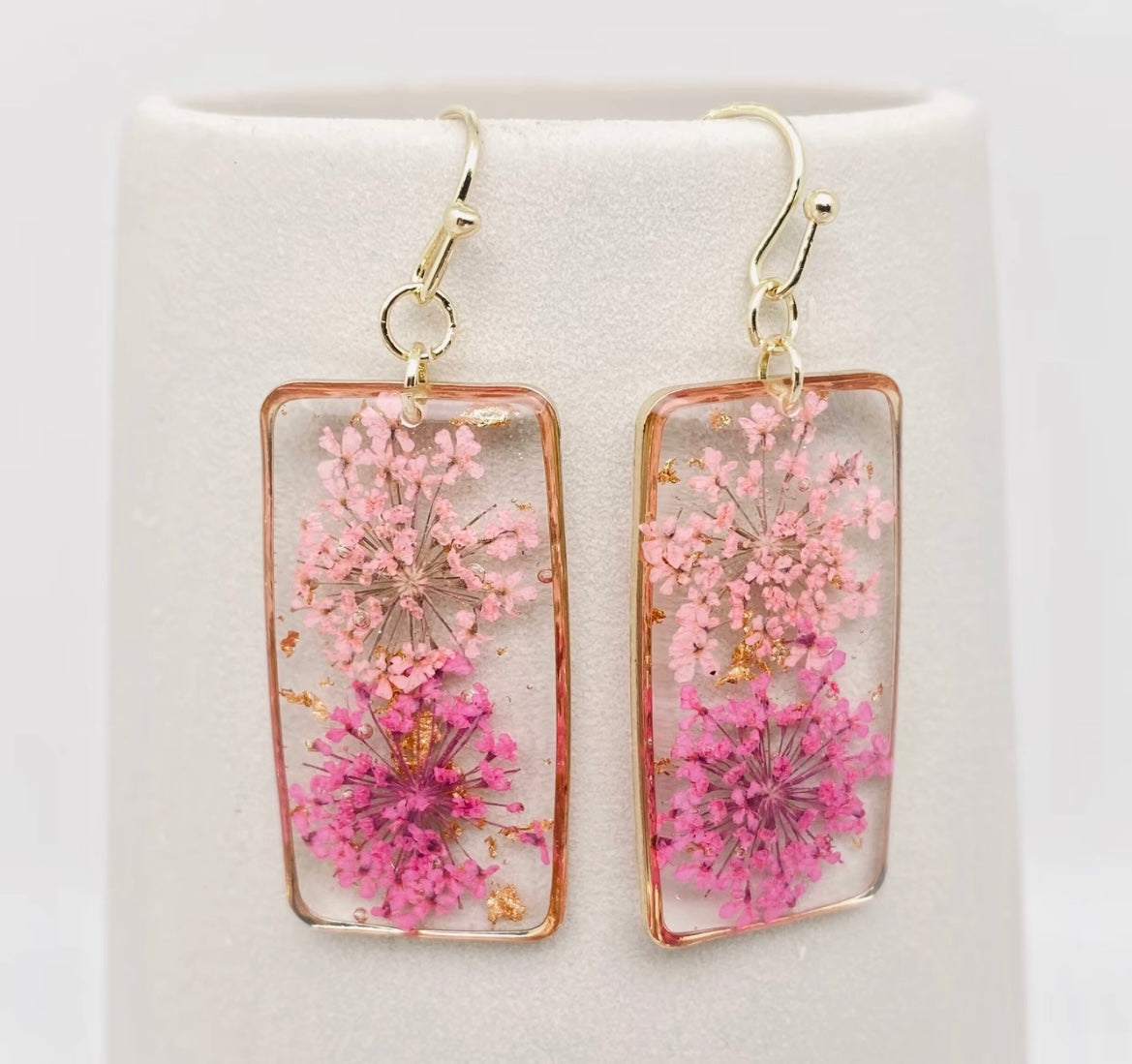 Dried Flower Queen Anne’s Lace Rectangular Earrings-Pink,Golden hook - Grace Ann Faith Boutique - Official Online Boutique